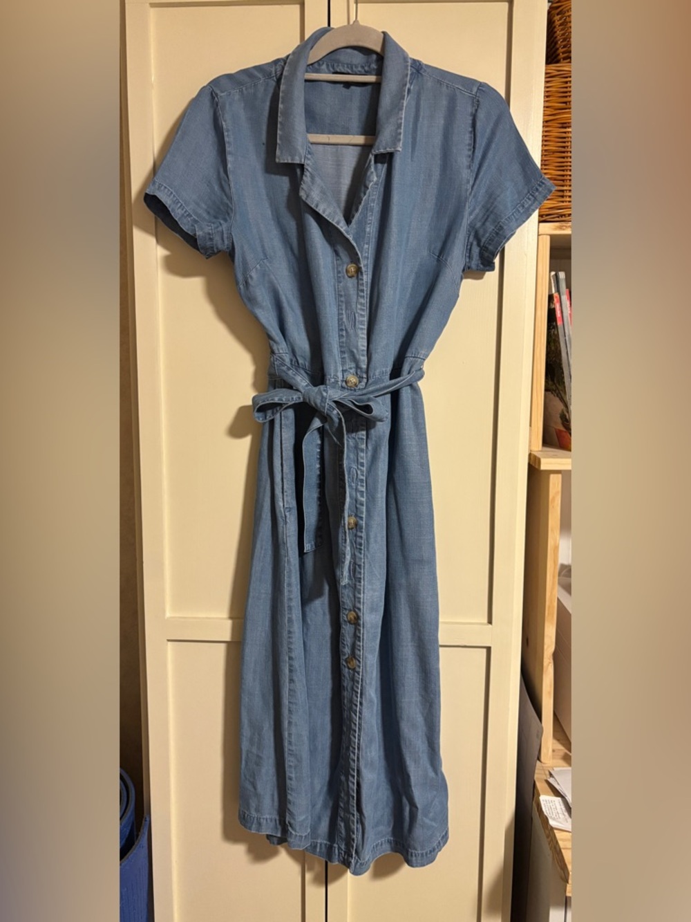 Quince Light Blue Denim-Style Maxi Dress with Tie Waist